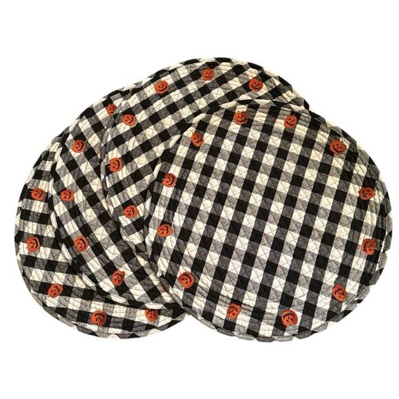 Set of 4 Shabby Chic Halloween Jack-O'-Lantern Buffalo Plaid Quilted Placemats - Picture 2 of 7